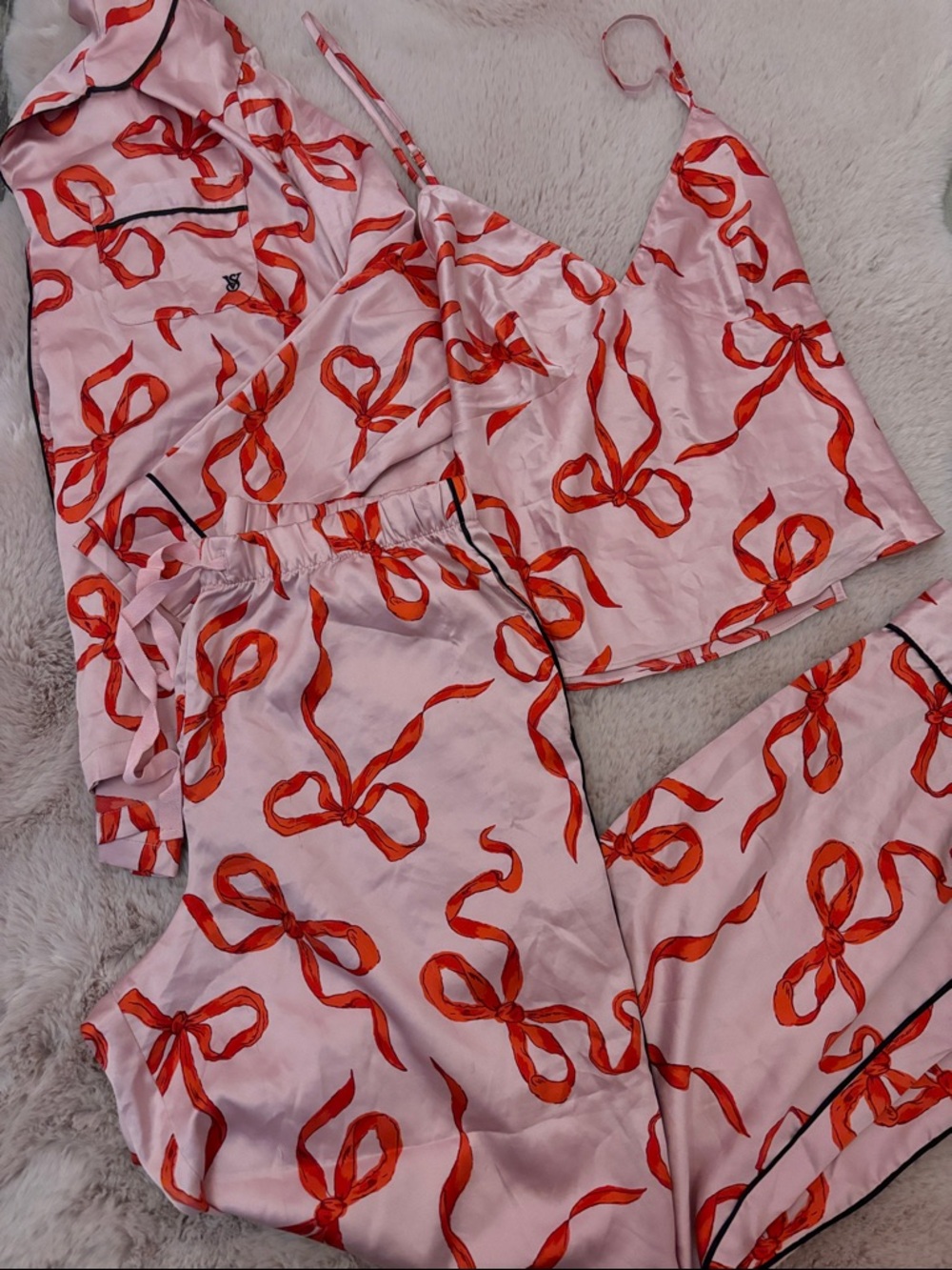 3pc Victoria's Secret Pink Satin Pajama Set with Red Ribbon Print